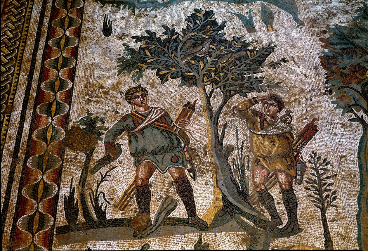 Római művészet: két madárvadász egy fa alá helyezve. „A kis vadásztársaság” mozaikrészlete 315-350. Piazza Armerina, Villa Romana del Casale alkotó: Roman