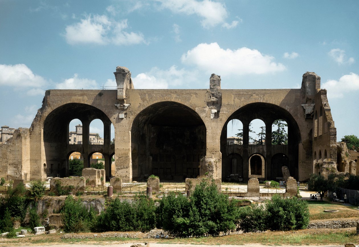 Római művészet: a Maxence és Constantine-bazilika (vagy Basilica Nova vagy Basilica di Maxentius és Constantine) látképe, Kr.u. 4. század. Róma, Olaszország alkotó: Roman