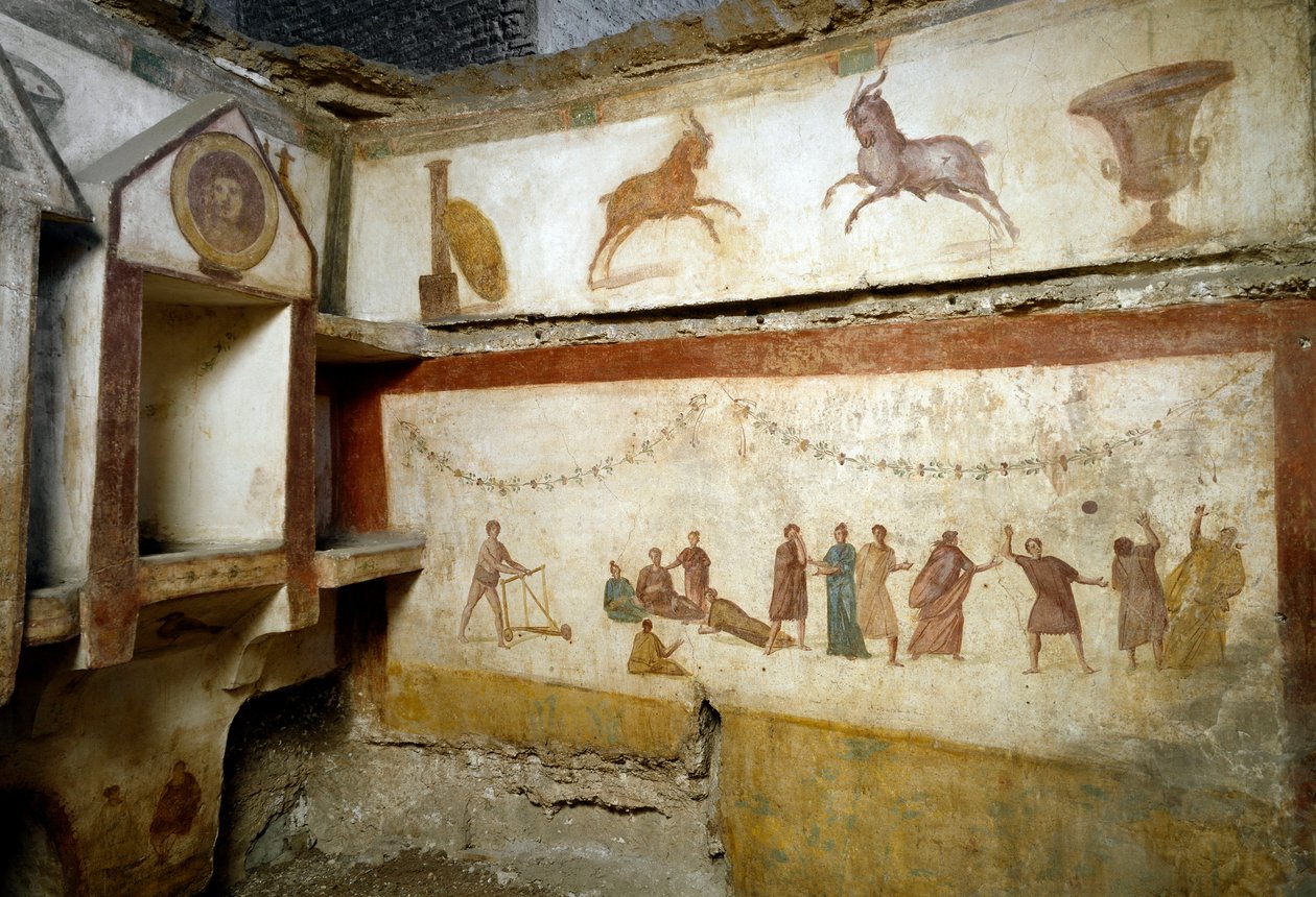 Római művészet: „Fiatalok játszanak”” freskók a Via portuense sírját díszítve. 2. század. Nap. h. 90 cm Róma, Museo Nazionale Romano (o delle Terme) Olaszország alkotó: Roman