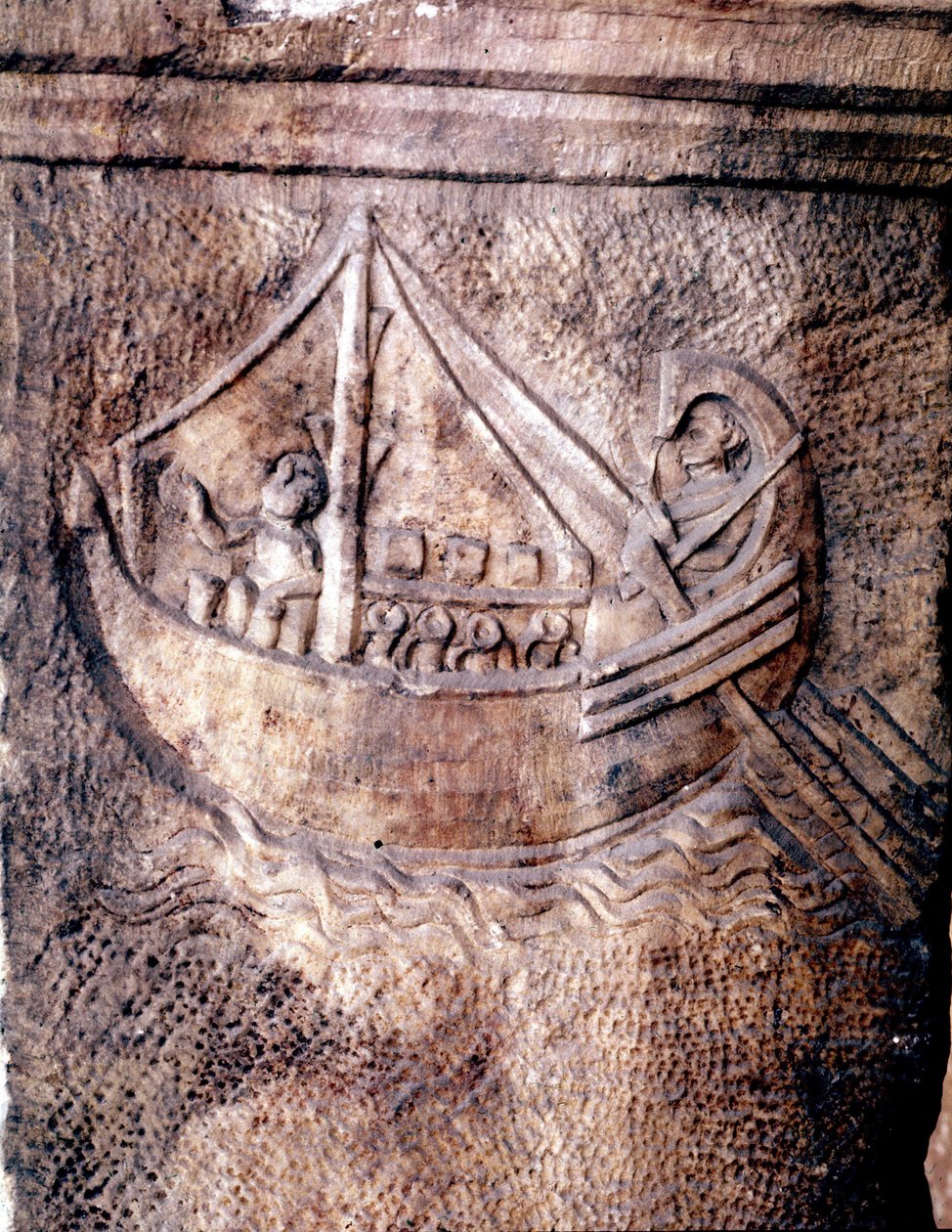 Római szállítóhajó. Alacsony dombormű az i.sz. 2. századból, a JC Római Nemzeti Múzeumból alkotó: Roman