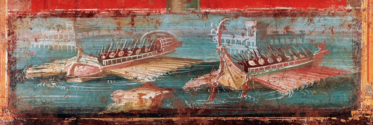 Római hadihajók egy kikötő bejáratánál (freskó alkotó: Roman