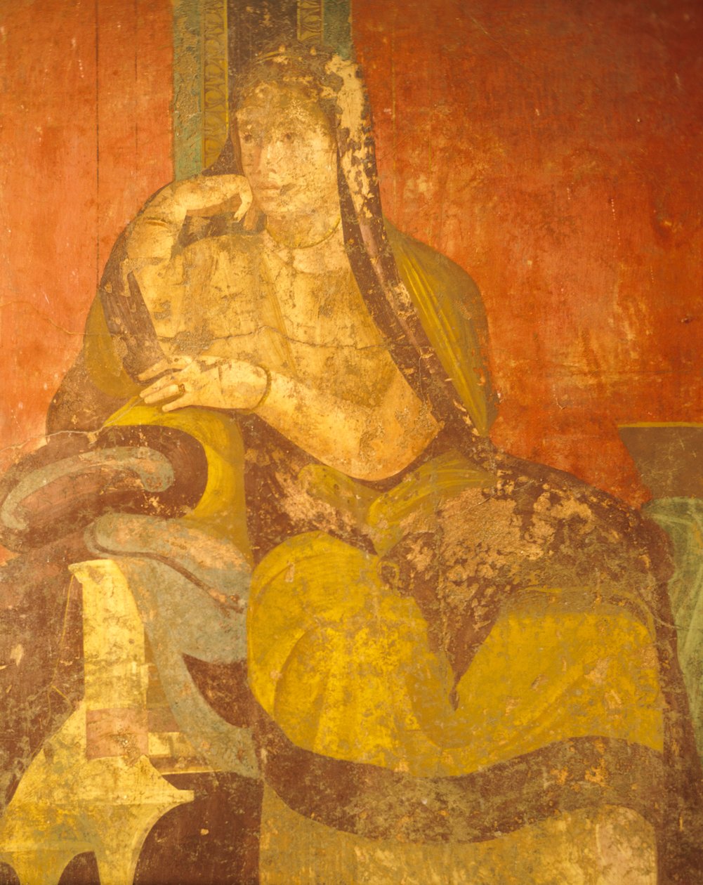 Római nő, festmény részlete a Dionüszoszi misztériumok kultuszából, Második pompeusi stílus, Rejtélyek villája, Pompeii, Campania, Római Civilizáció alkotó: Roman