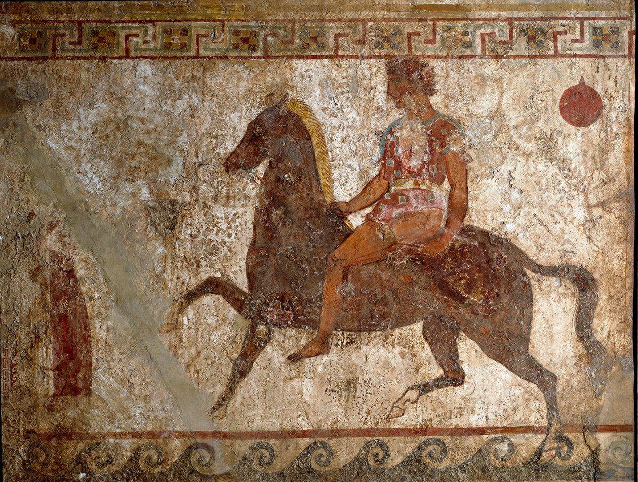 Samnite lovas. Sírfestmény a Kr.e. 4. századból, Paestum helyéről, Olaszországból. Freskó. Museo nazionale archeologico, Napoli (Nápolyi Régészeti Múzeum). alkotó: Roman