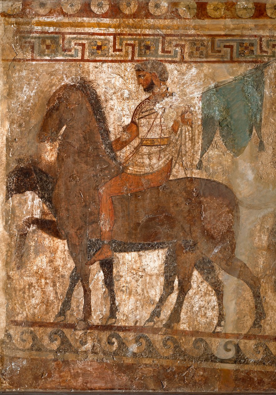 Samnite lovas. Sírfestmény a Kr.e. 4. századból, Paestum helyéről, Olaszországból. Freskó. Museo nazionale archeologico, Napoli (Nápolyi Régészeti Múzeum). alkotó: Roman