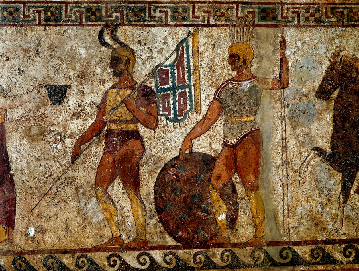 Samnite harcosok. Sírfestmény a Kr.e. 4. századból, Paestum helyéről, Olaszországból. Freskó. Mérete: 112x199 cm. Inv. 9363. Museo nazionale archeologico, Napoli (Nápolyi Régészeti Múzeum). - Samnite harcosok. Sírfestés. Kr.e. 4. század, Paesből alkotó: Roman