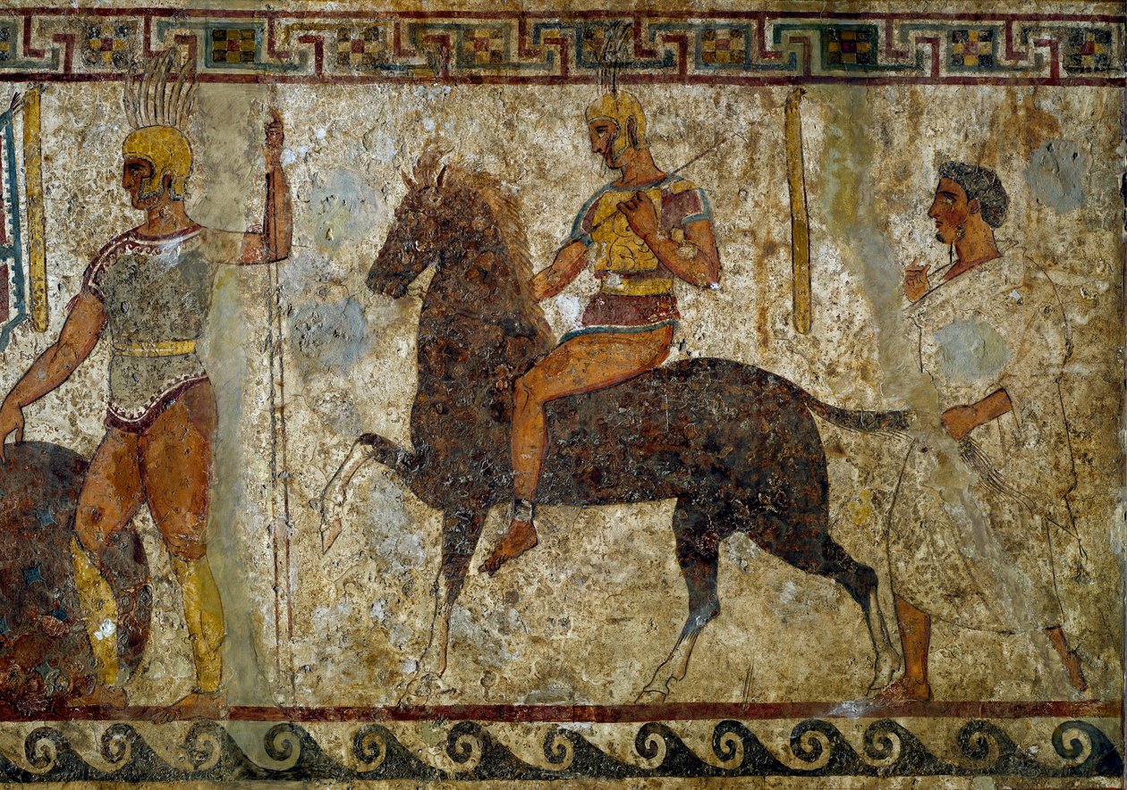 Samnite harcosok és lovasok. Sírfestmény a Kr.e. 4. századból, Paestum helyéről, Olaszországból. Freskó. Mérete: 112x199 cm. Inv. 9363. Museo nazionale archeologico, Napoli (Nápolyi Régészeti Múzeum). - Samnite harcosok és lovasok. Sírfestés. 4 alkotó: Roman