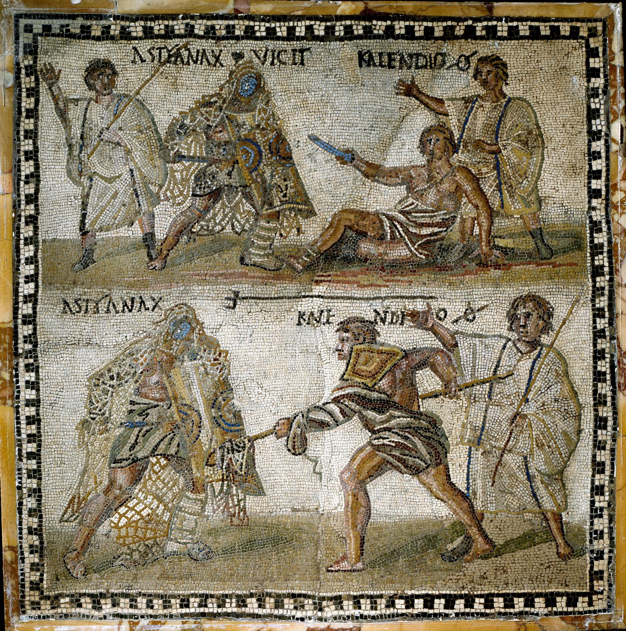 Gladiátorharcok jelenete, egy nyugdíjas és egy szekutor között, 4. század (mozaik) alkotó: Roman