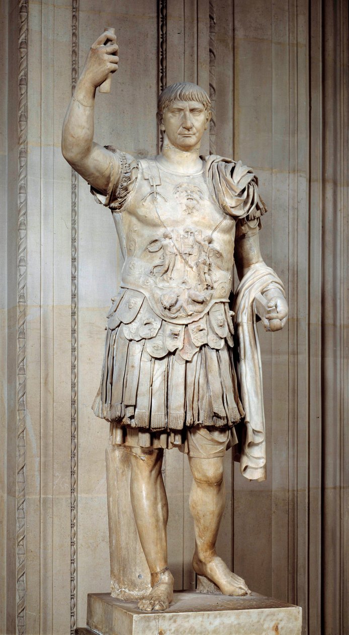 Traianus római császár (Marcus Ulpius Traianus vagy Traiano) (i.sz. 53-117) álló szobra, csatahajó. 108 körül. V 2 m Párizs, Louvre Múzeum alkotó: Roman