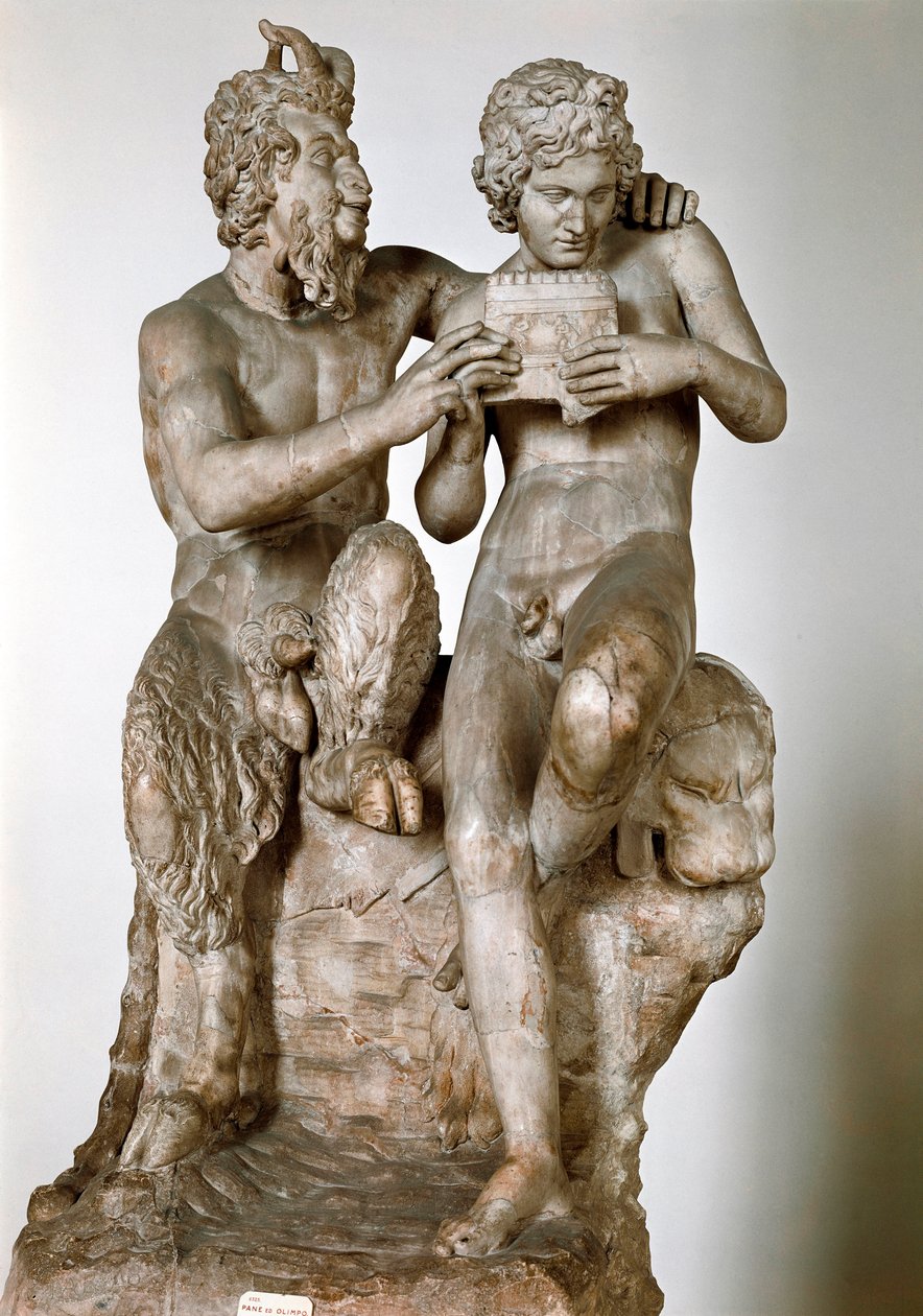 A furulyát tanító Pan isten szobrának van az ő eromene, a pásztor Daphnis Kr.e. 1. században. Római márványszobor görög eredeti után. Nápolyi Nemzeti Régészeti Múzeum - Pan és Daphnis (vagy Olympus). Római másolat egy hellenisztikus szobor után alkotó: Roman