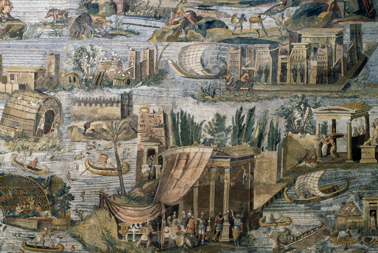 Templomok a Nílus mentén, részlet az egyiptomi Nílus áradásáról készült nilótikus mozaikból, a palestrinai Fortuna Primigenia szentélyből, Lazio, Olaszország, római civilizáció alkotó: Roman