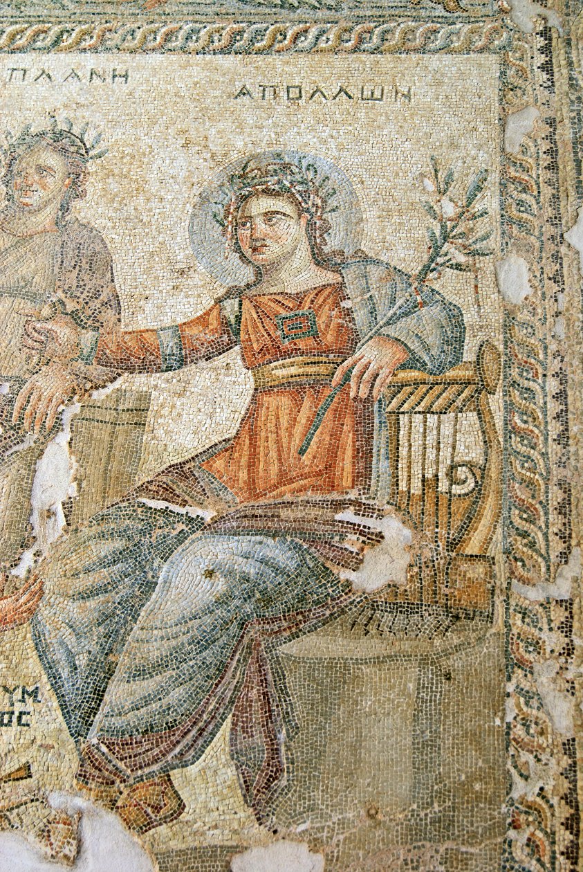 Az Apollo és Marsyas mozaik, Plinius és Apolló részlete, Aion háza, Paphos, ciprusi mozaik alkotó: Roman