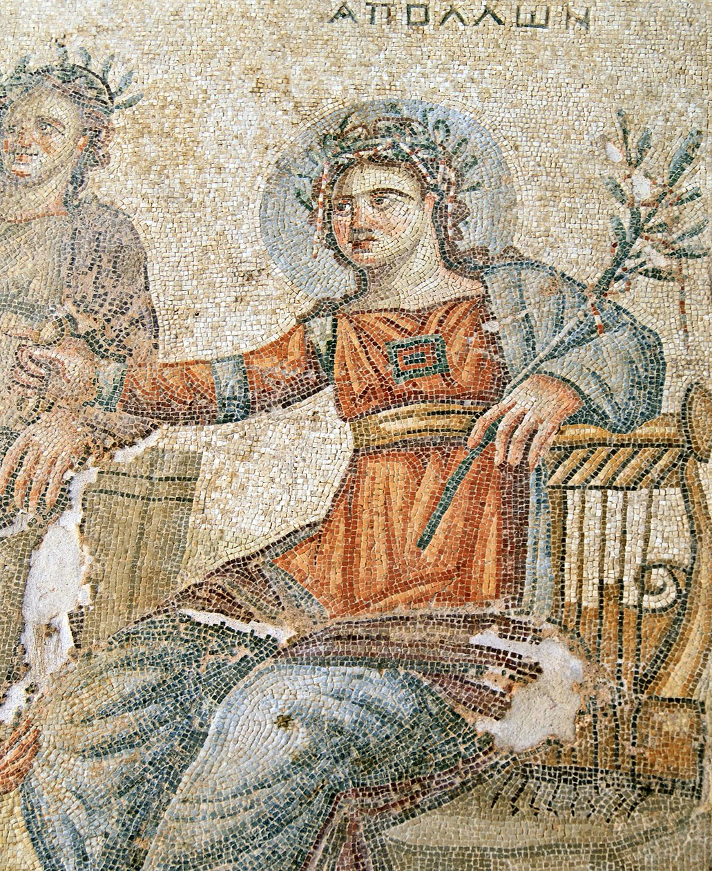 Az Apollo és Marsyas mozaik, Plinius és Apolló részlete, Aion háza, Paphos, ciprusi mozaik alkotó: Roman