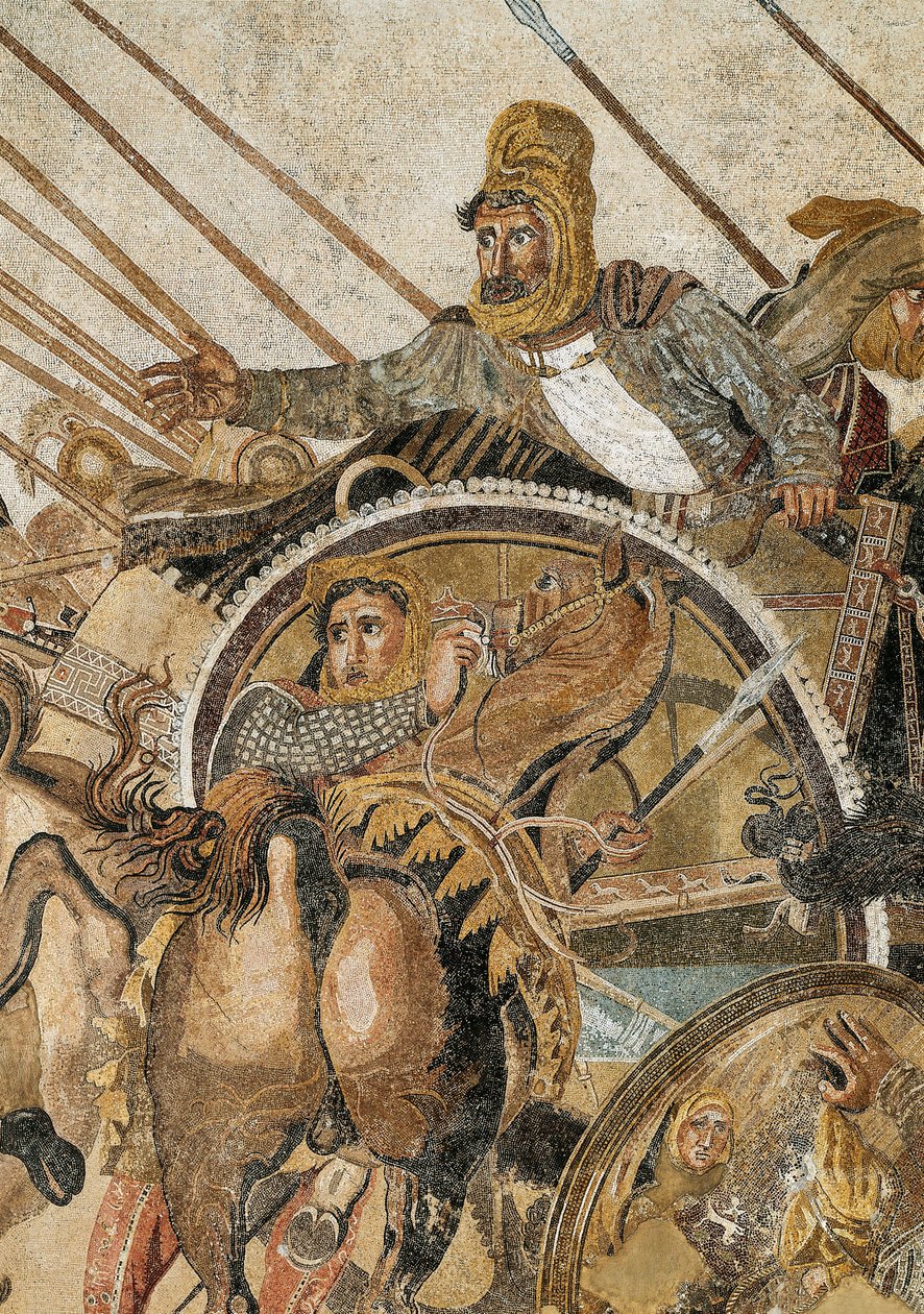 Az Issos-i csatát III. Nagy Sándor nyerte meg Darios (Darius) III Codoman (Kr. e. 335-331) Pompei mozaikja ellen. Részlet. Nemzeti Régészeti Múzeum, Nápoly. (Pompeiiből, a Faun házából) alkotó: Roman