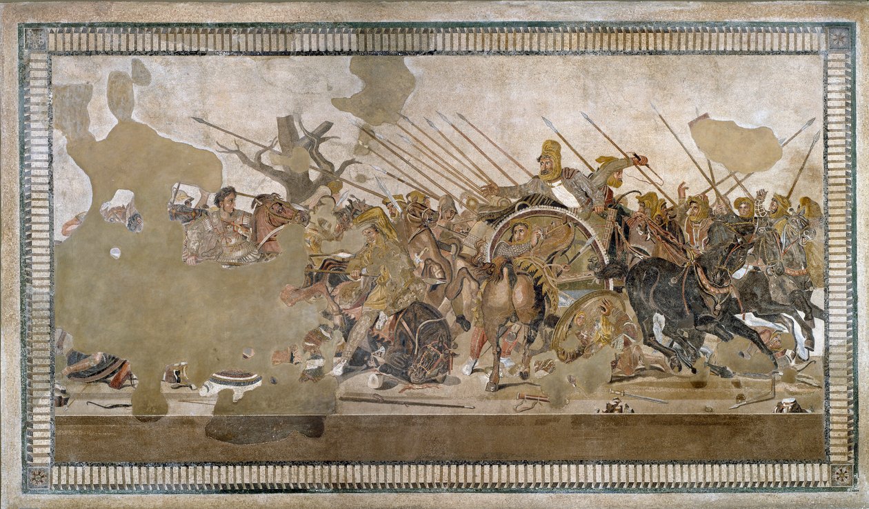 Az issos-i csatát, amelyet III. Nagy Sándor nyert Darios (Darius) III Codoman (Kr. e. 335-331) ellen - Pompei mozaikja - alkotó: Roman