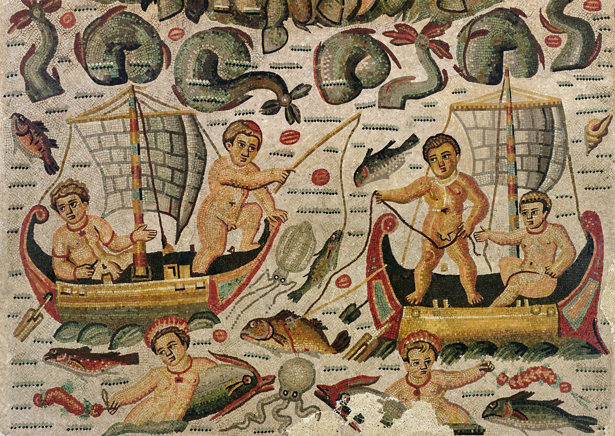 A Neptunusz és az Amfitrit diadala, Ámor horgászmozaik részlete alkotó: Roman
