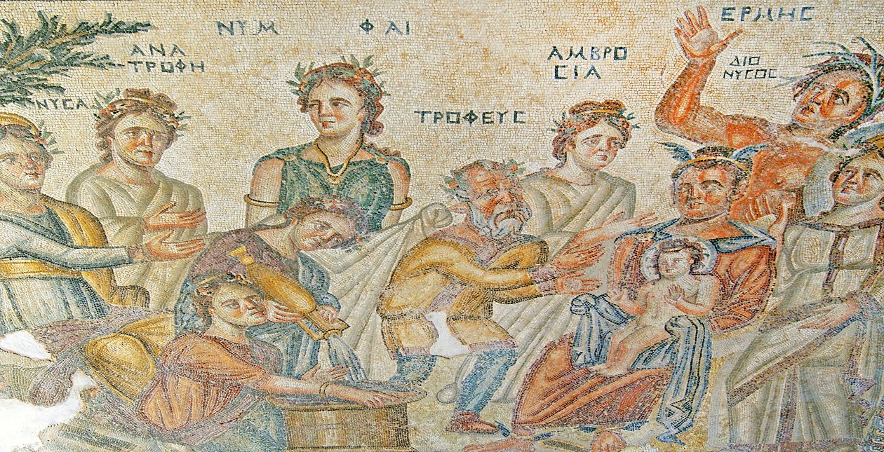 Dionüszosz baba bemutatása Hermésztől Silenusnak. Aion háza, Paphos, Ciprus (mozaik) alkotó: Roman