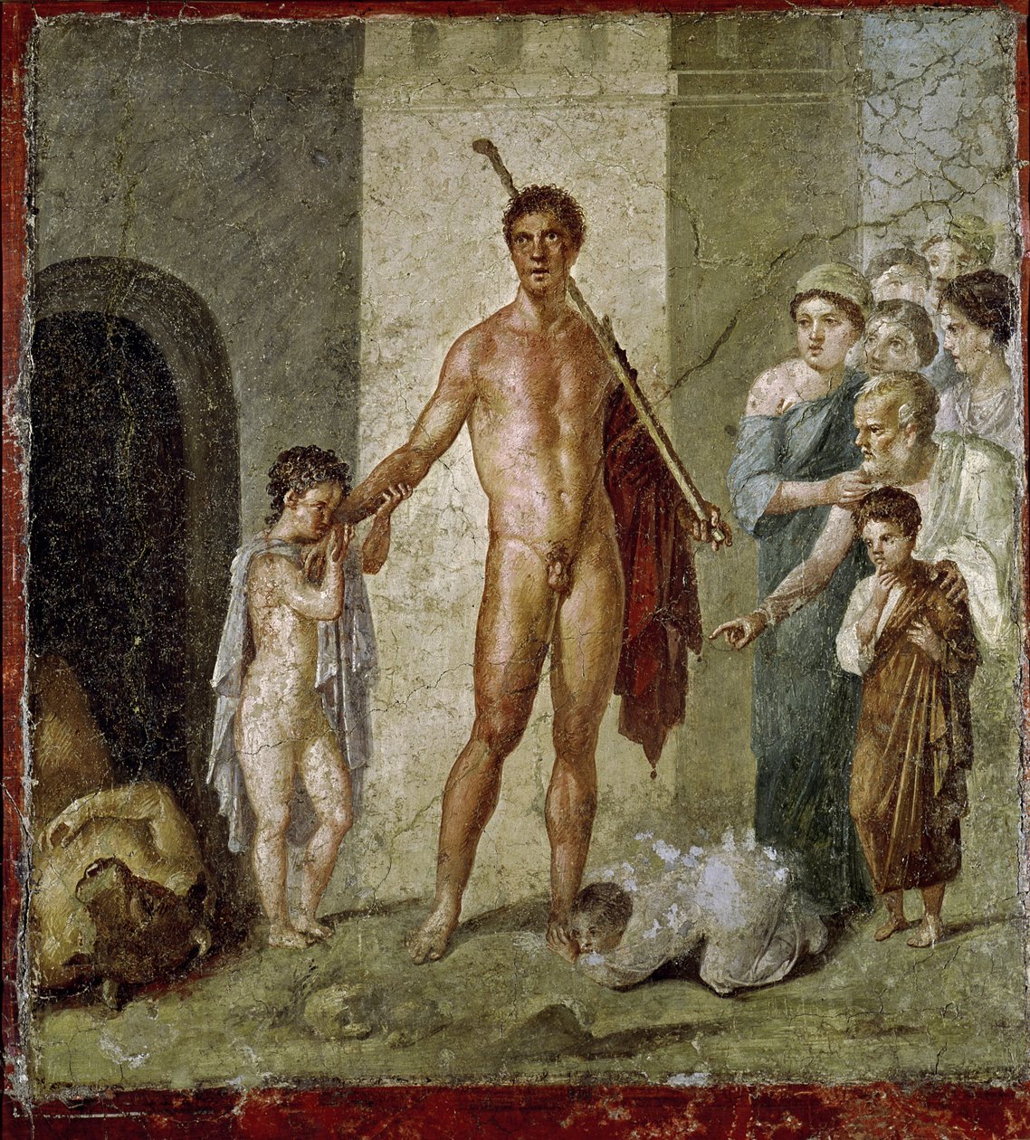 Thészeusz kiszabadítja a gyermekeket a Minotaurosztól, Gavius Rufus házából, Pompeji, 4. pompeji stílus, Kr.u. 50-79 körül. alkotó: Roman
