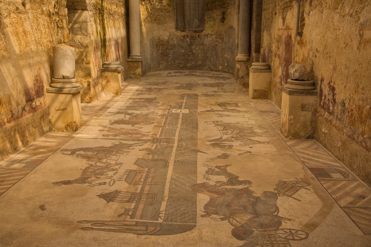 Két apszis szoba, padlómozaik, Villa Romana del Casale, Piazza Armerina, Szicília, Olaszország (fotó) alkotó: Roman