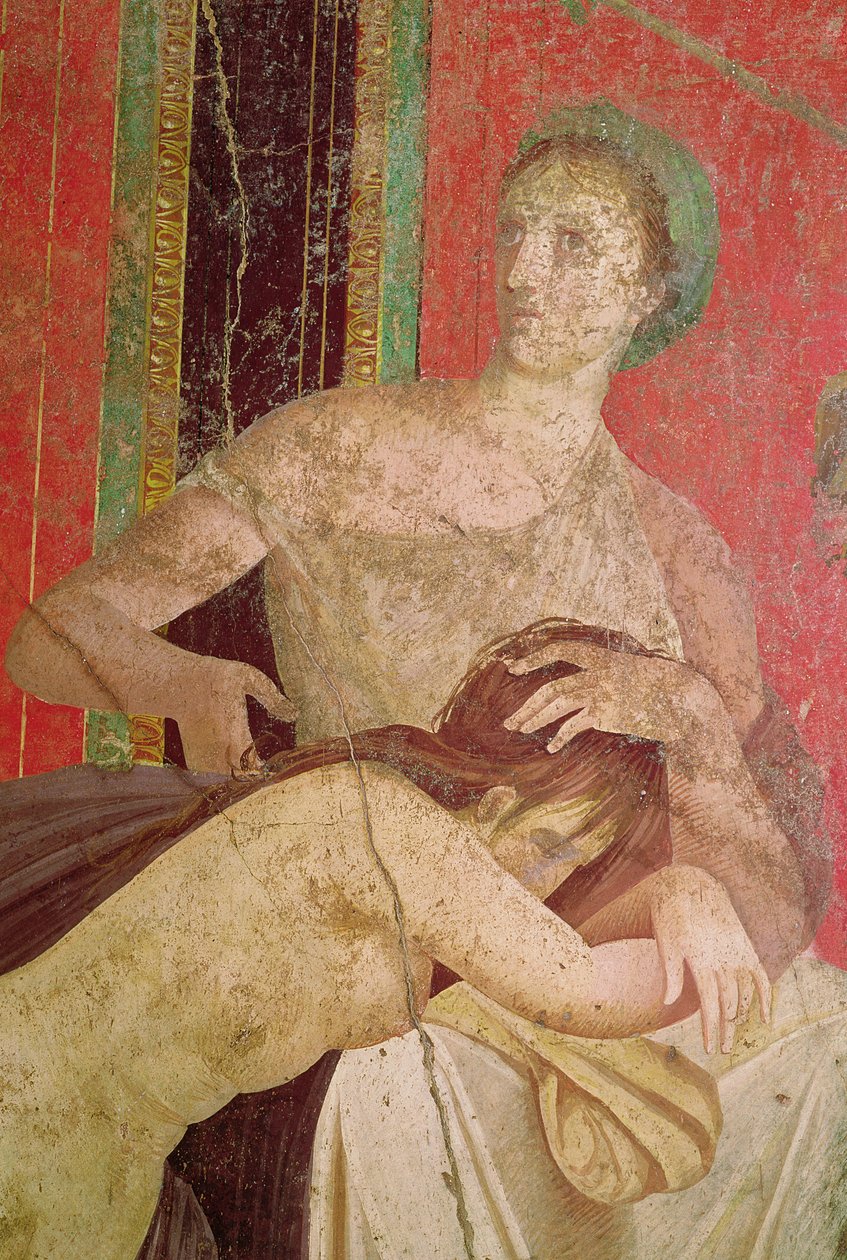 A beavatottakat vigasztaló nő, Déli Fal, Oecus 5, Kr.e. 60-50. freskórészlet az 57190. és 161043. alkotó: Roman