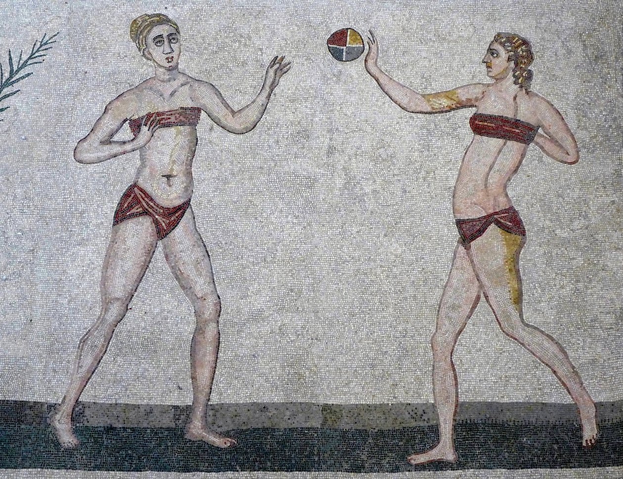 Fiatal nők bikiniben, Villa Romana del Casale, Szicília, i.sz. 315-350 (mozaik) alkotó: Roman