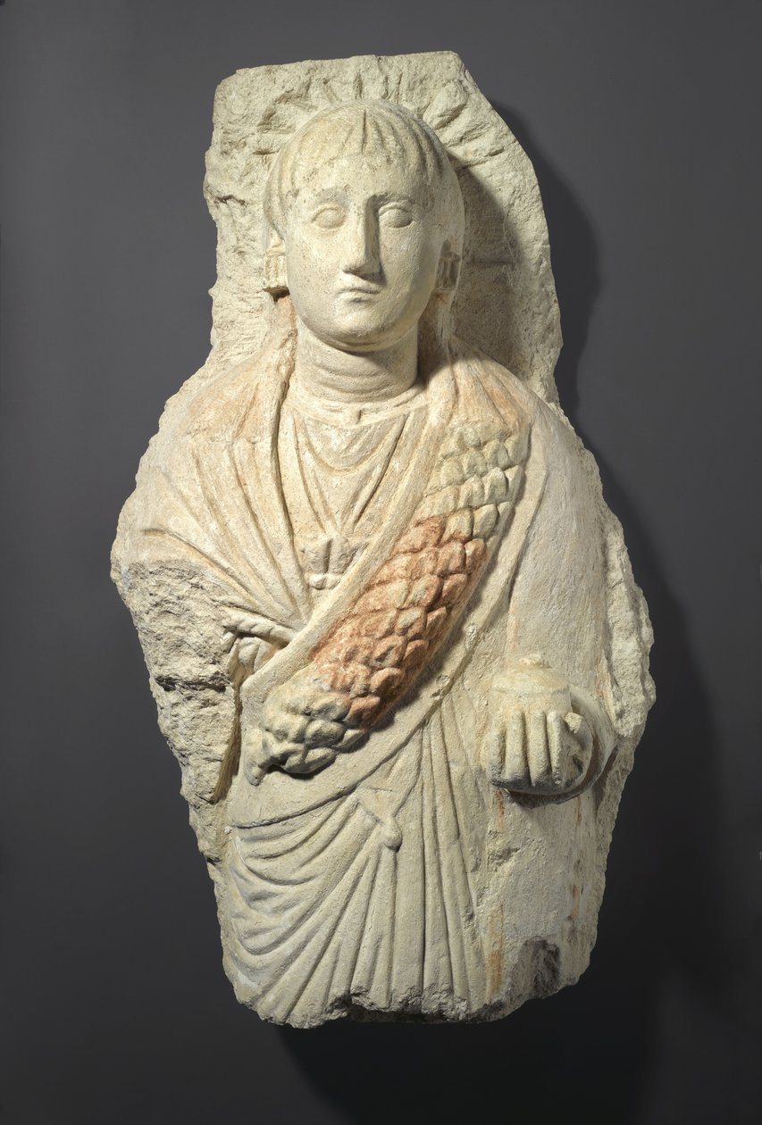 Egy nő temetkezési alakja, Oxyrhynchosban, 3-4. században (mészkő gesso és festék nyomokkal) alkotó: Roman Period Egyptian