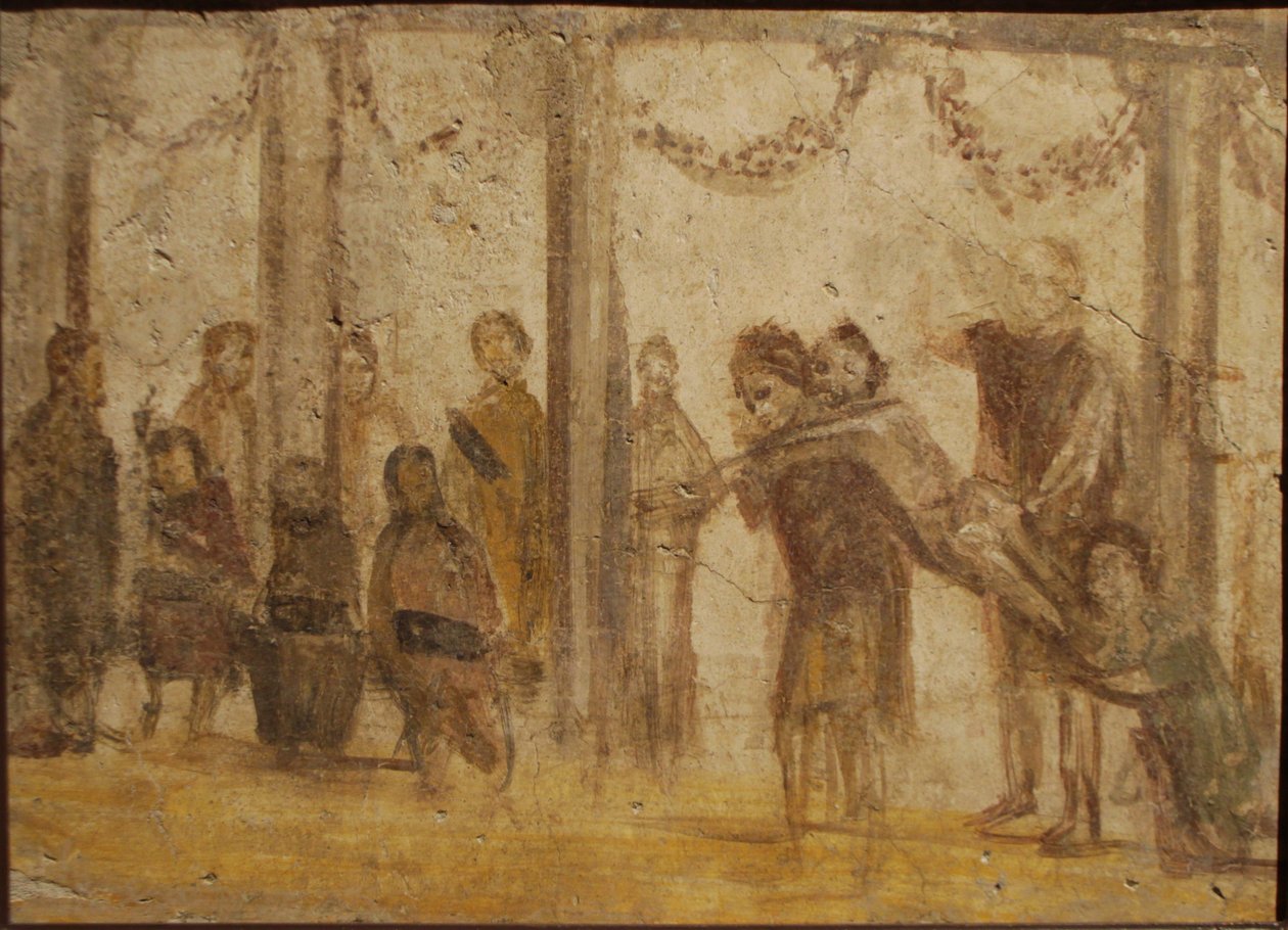 A tanuló büntetése. Freskó Felix Júlia házából, I. század. alkotó: Roman Pompeian wall painting.
