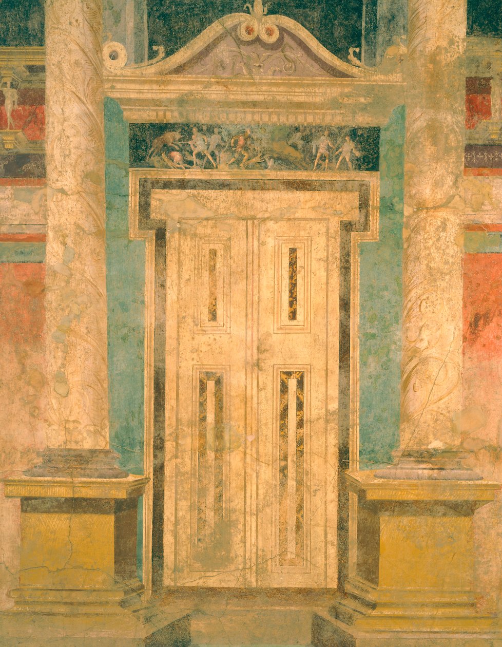 Aeacus fala szcenográfiai freskó díszítéssel, hamis ajtóval, a Boscoreale római villából (Nápoly), a római civilizációból, alkotó: Roman Roman