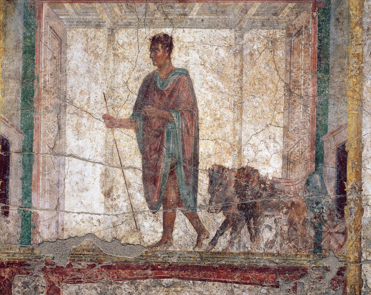 Ókori római freskó A.D.metus vaddisznóval és oroszlánnal, igás szekéren alkotó: Roman Roman