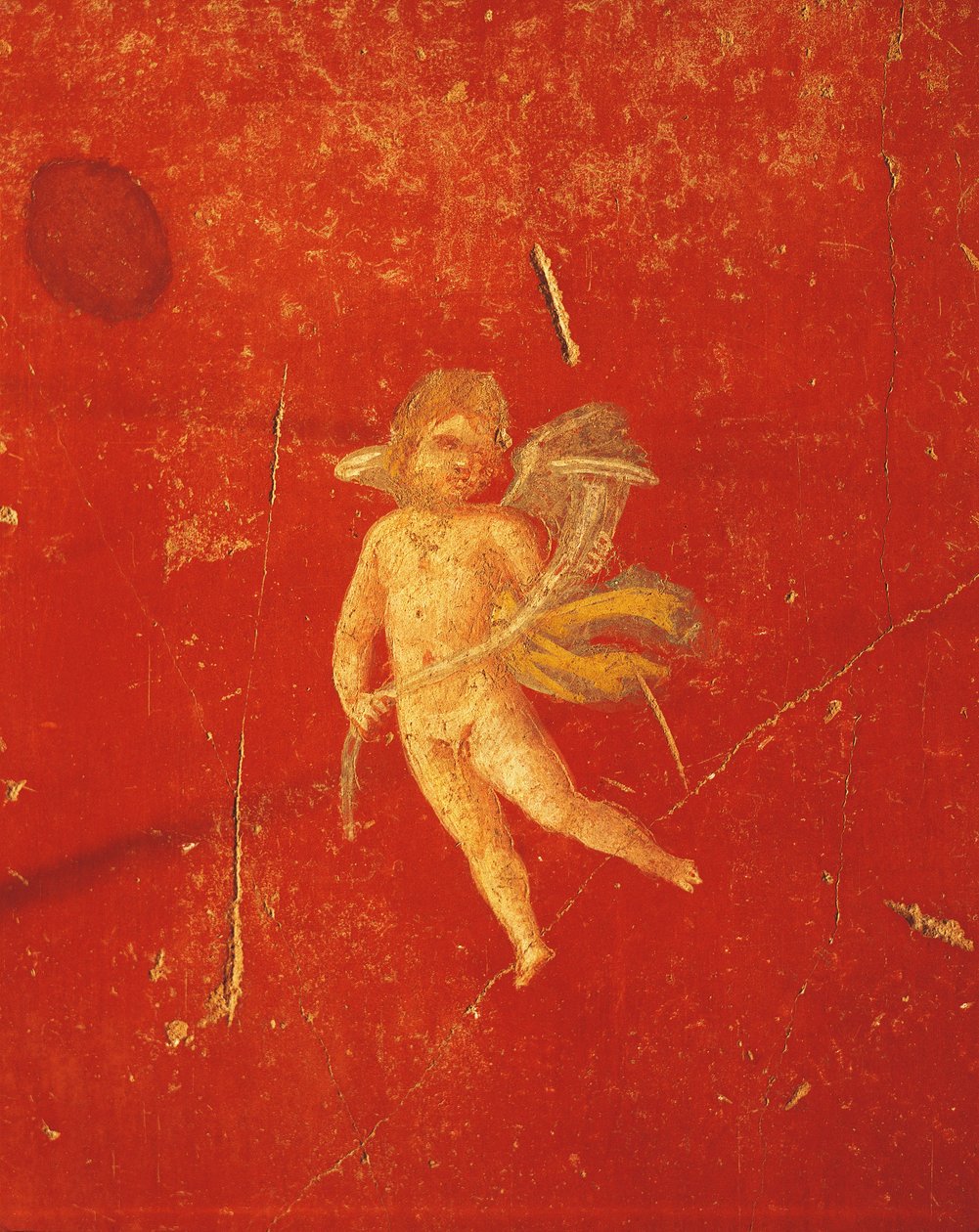 Cherub in red Pompeian background, fresco in Fourth Pompeian Style, from House of Pinario Ceriale, Pompeii , Campania, Roman Civilization alkotó: Roman Roman