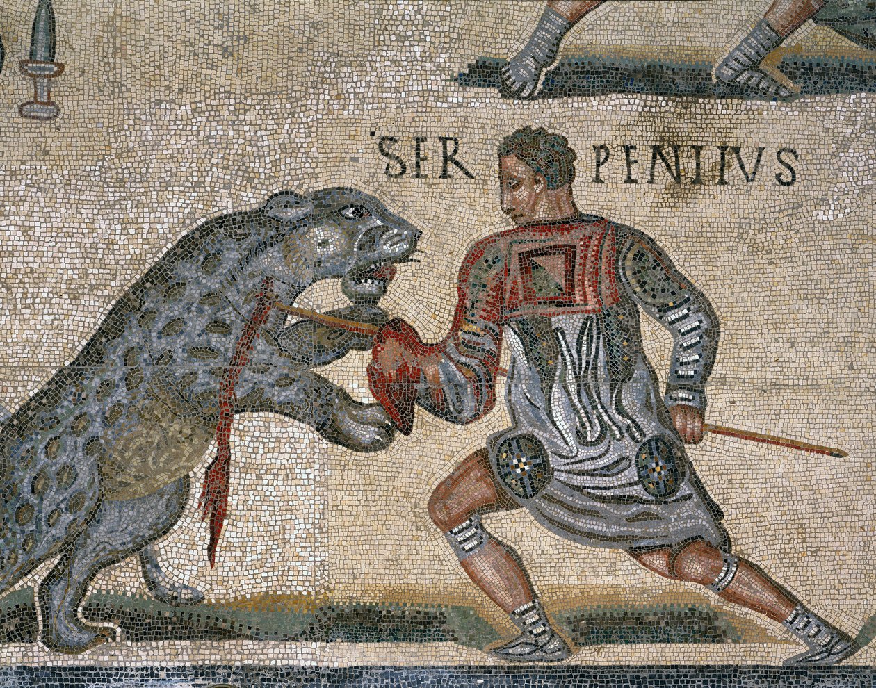 Részlet egy Gladiátorharc mozaikjáról, eredetileg a Torre Nuovából alkotó: Roman Roman