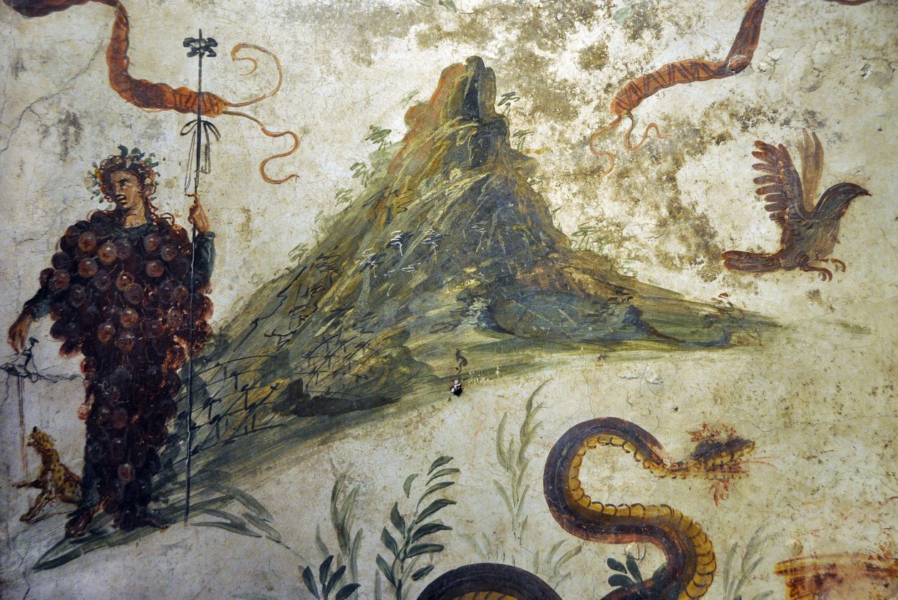 Dionysos vetu of grape clusters standing in front of Mount Vesuve - Fresco from Pompei, casa diel centenario (centenario house) - Naples, National Archeological Museum alkotó: Roman Roman