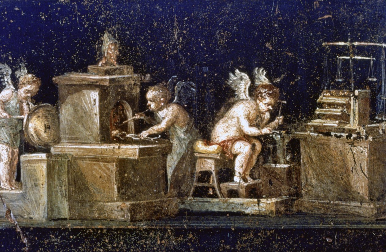 Ásatások Pompejiben: Az ásatások során előkerült falfestmény a Vetti-házból, amely aranyműveseket ábrázol. Pompeiit a Vezúv kitörése pusztította el i.sz. 79-ben. alkotó: Roman Roman