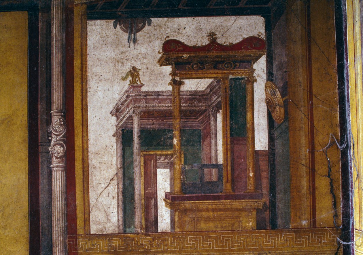 Fantasztikus építészet, freskó az oecusból a Vettii Házban, Pompeiiben (UNESCO Világörökségi Lista) alkotó: Roman Roman
