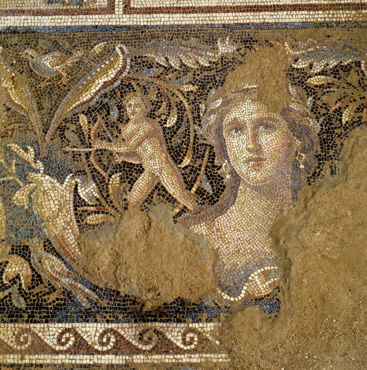 Egy zippori (názáreti) római villa emelete, amely Dionüszosz életének jeleneteit ábrázolja, a galileai Mona Lisa néven ismert nő arcának részlete, Kr.u. 3-4. század (mozaik) alkotó: Roman Roman