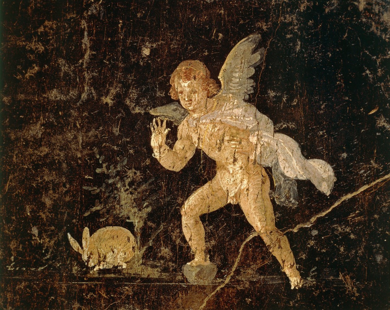 Ámor nyúlra vadászó freskója Pompeiiből, Nápoly tartományból, Olaszországból, a római civilizációból alkotó: Roman Roman