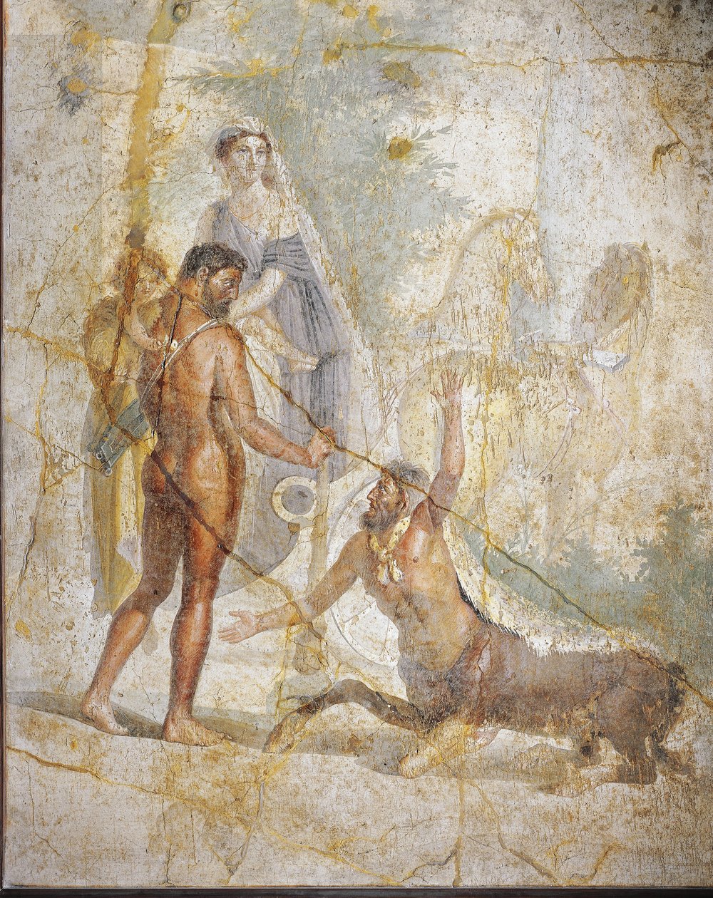 Herkulest, Deianirát és Hyllust ábrázoló freskó, amint átkelnek az Evenus folyón az olaszországi Pompeiből alkotó: Roman Roman