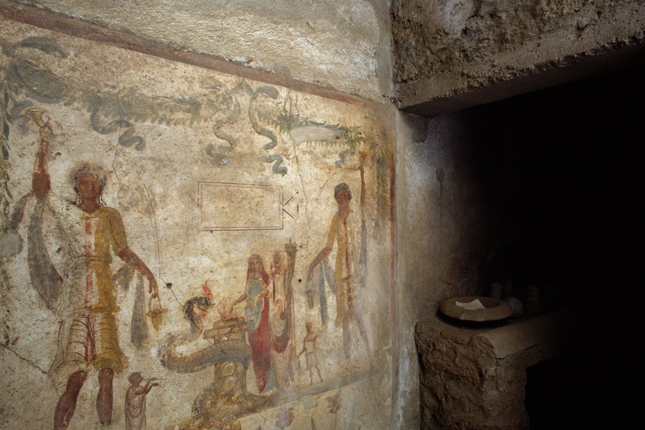 Larariumot ábrázoló freskó a konyha bejárata közelében, Caius Julius Polybius háza, Pompei (UNESCO Világörökségi Lista alkotó: Roman Roman