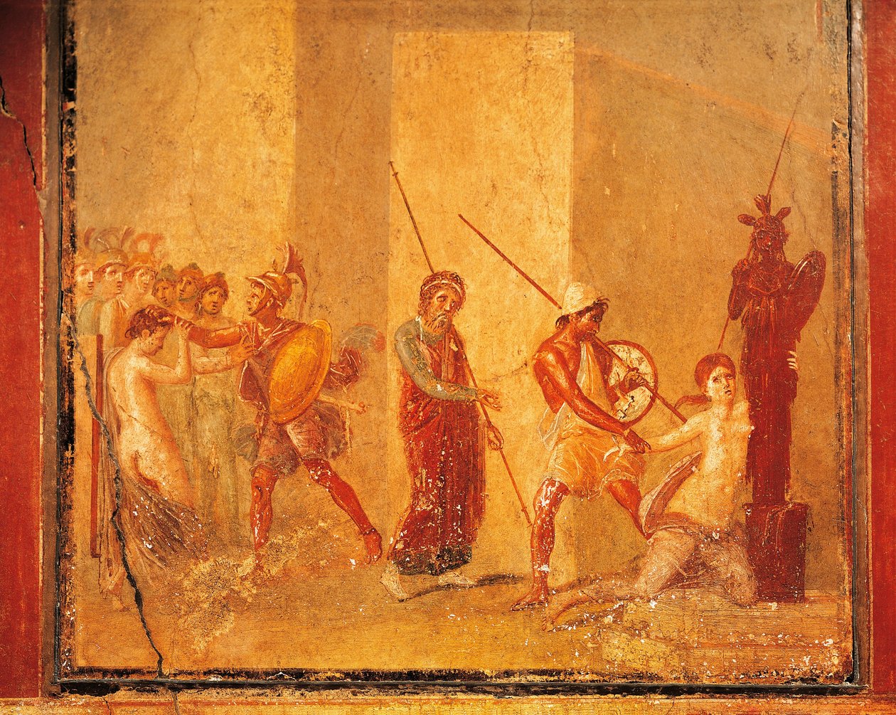 Priamosz, Menelaosz és Heléna találkozását ábrázoló freskó a pompeii királyi palotában, Campania, római civilizáció alkotó: Roman Roman