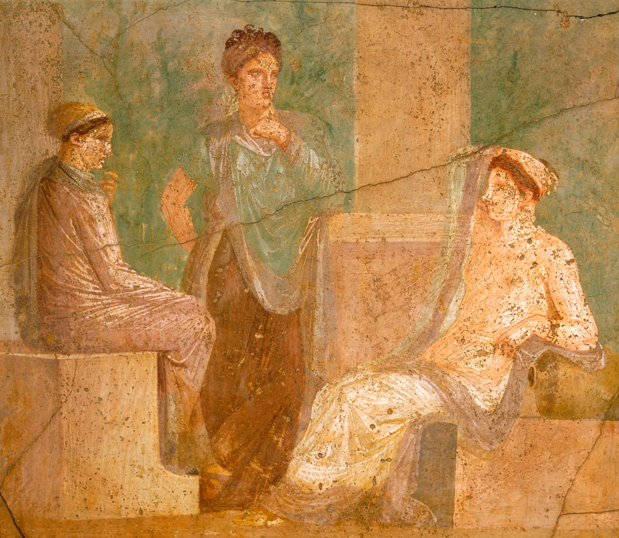 Római hölgyek csoportját ábrázoló freskó beszélgetés közben, az ókori vadászat házából, Pompeiiben (Campania, római civilizáció) alkotó: Roman Roman