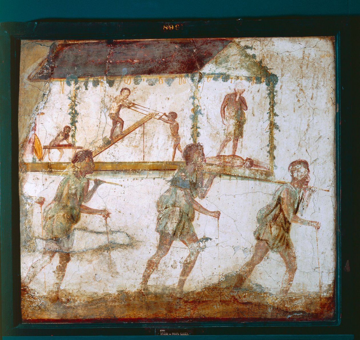 Asztalosok felvonulását ábrázoló freskó, Asztalosműhely Pompejiben alkotó: Roman Roman