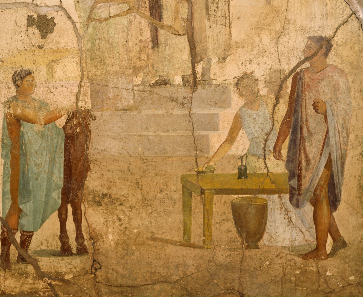 Áldozati jelenetet ábrázoló freskó, dekoráció az Aranyozott Ámorok Házából, Pompeii, Campania, római civilizáció alkotó: Roman Roman