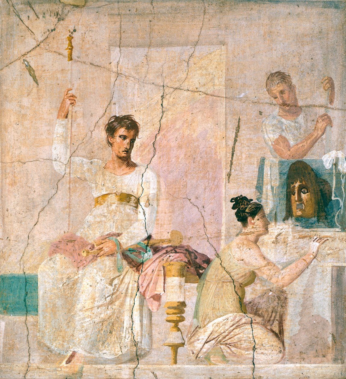 Színházi jeleneteket ábrázoló freskó a Herculaneum-bazilikából (UNESCO Világörökség alkotó: Roman Roman