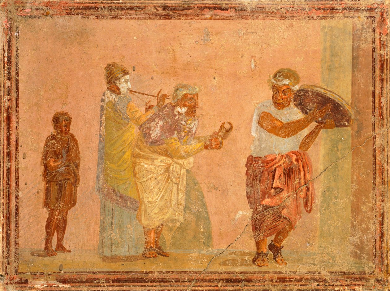 Utazó zenészeket ábrázoló freskó Pompeiiből, Campaniából, a római civilizációból alkotó: Roman Roman
