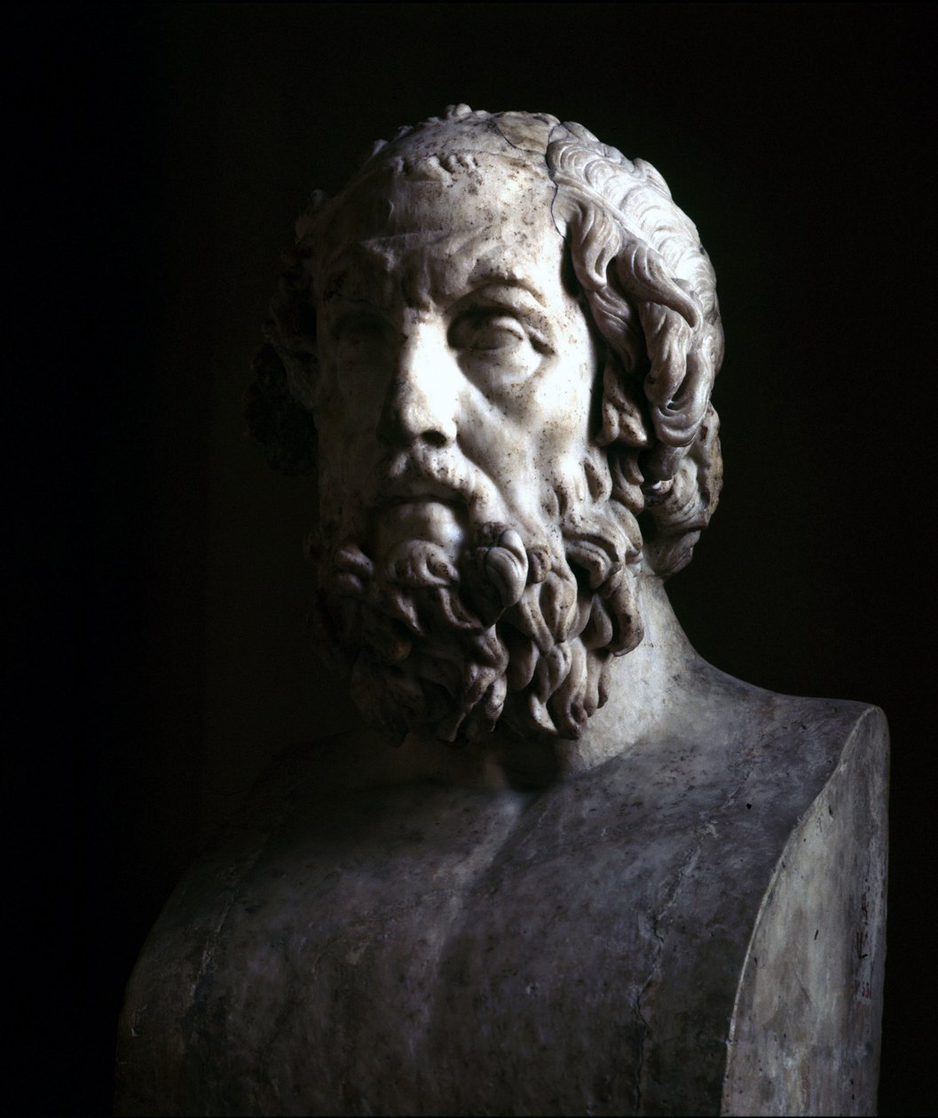 Vak Homérosz képzeletbeli portréja. Egy Kr.e. 2. századi mellszobor hellenisztikus időszakának reprodukciója, a Musée du Louvre Paris alkotó: Roman Roman