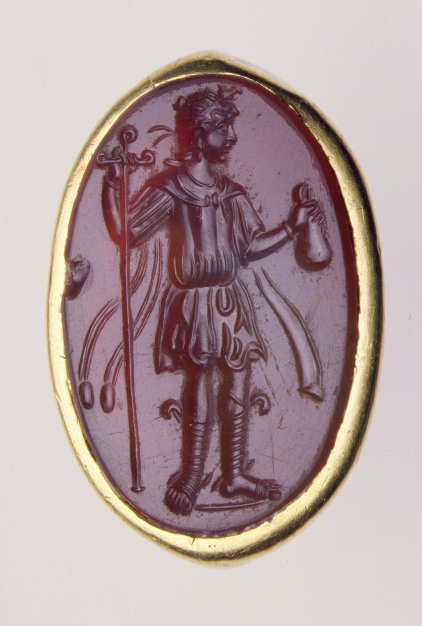 Fiatal férfialakot ábrázoló aranygyűrűben készült mélynyomat, ie 2. század (arany és szárd) alkotó: Roman Roman