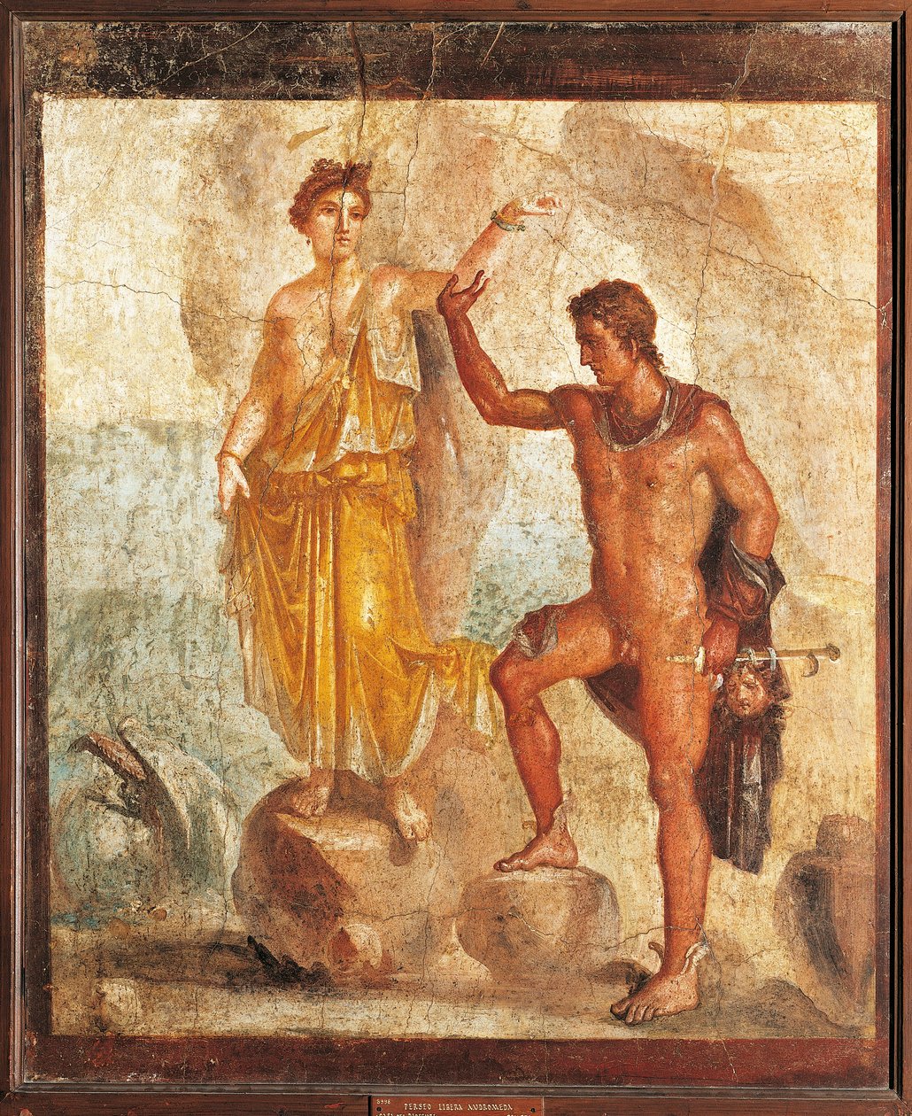 Olaszország, Campania, Pompei, Perszeusz kiszabadítja Andromédát az Öt Csontváz Házából, freskó alkotó: Roman Roman
