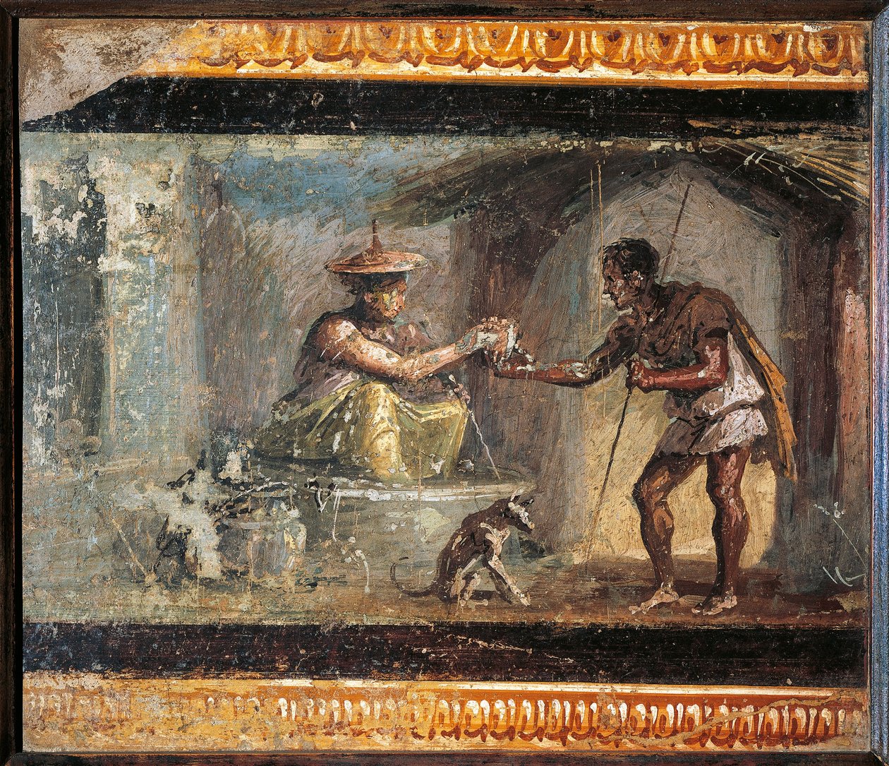 Olaszország, Campania, Pompei, Az utazó és a varázsló a Dioscuri-házból, freskó alkotó: Roman Roman