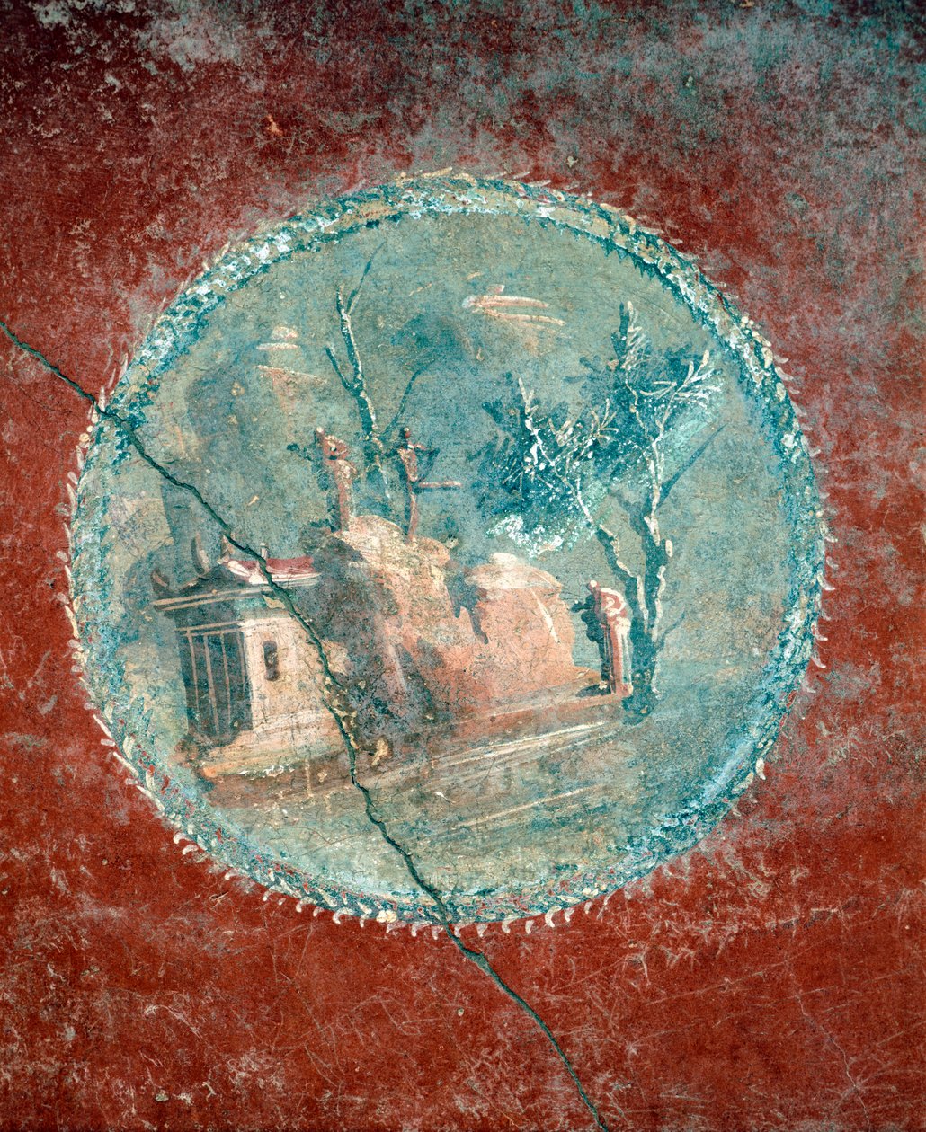 Sárga alapon tájat ábrázoló medál, Menander-ház freskója, Pompeii, Campania, római civilizáció alkotó: Roman Roman