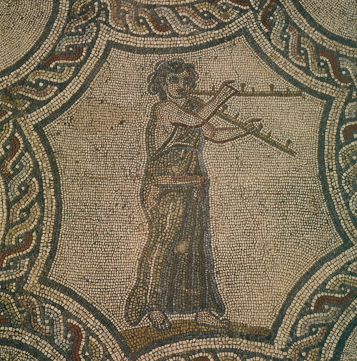 Mozaik női fuvolást ábrázoló Dionüszosz-házból, a marokkói Volubilisben, a római civilizációban, alkotó: Roman Roman