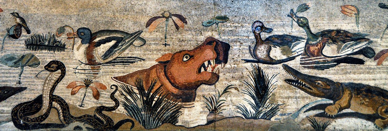 Pompei mozaik fríz (fauna ház, casa del Fauno - nilotikus jelenet - állatvilág a Níluson: víziló, krokodil, kígyó, kacsák - római művészet - Nápolyi Régészeti Múzeum, Olaszország - Museo Archeologico Nazionale, Napoli, Olaszország - Fotó Patrice Cartier -  alkotó: Roman Roman